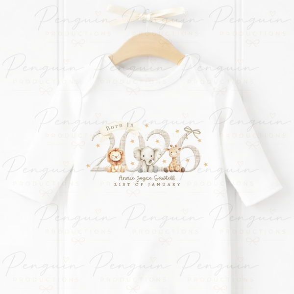 Personalised Born in 2026 Baby Romper – Safari Animals